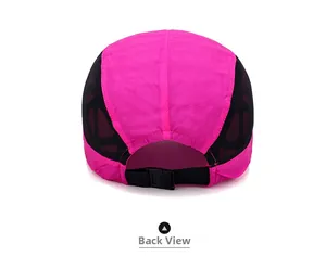 Detailed back view of the pink and black mesh sports cap with plastic snapback strap
