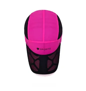 Top view of rose red and black mesh sports cap showing breathable quick-dry fabric texture