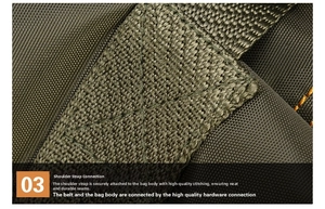 Dettaglio del marsupio in nylon verde militare con cuciture a croce rinforzate sulla tracolla