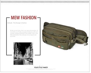 Dettaglio del marsupio impermeabile in nylon verde militare con cuciture arancioni