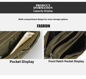Dettaglio del marsupio in nylon verde militare con tasche multiple a cerniera per cellulari