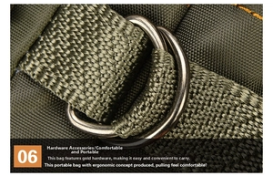 Dettaglio della fettuccia in nylon verde militare e dell'anello a D per borse tattiche
