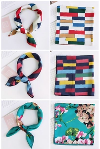 Detailed views of printed silk neckerchiefs in geometric, striped, and floral patterns