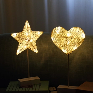 LED Rattan Woven Decorative Table Lamp Warm Night Light Heart Star Moon Shape Battery Operated Bedroom Desktop Ornament