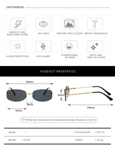 Size chart for rimless Y2K sunglasses showing dimensions and UV400 metal frame specs