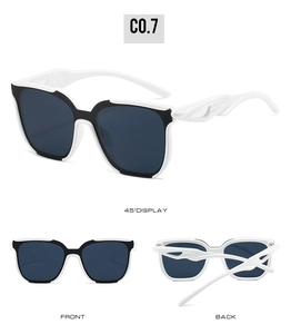 Detailansichten der schwarz-weißen Sonnenbrille mit einzigartigem Bügeldesign