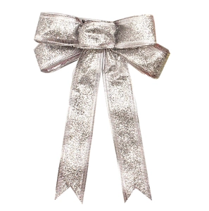Close-up of a 15cm silver glitter double-layer Christmas bow decoration for gifts