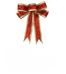 Macro shot of 15cm red glitter Christmas bow with gold trim and size specifications