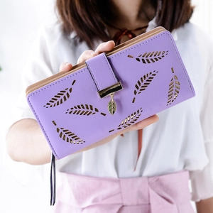 Light purple long bifold wallet for women with hollow leaf pattern and gold pendant