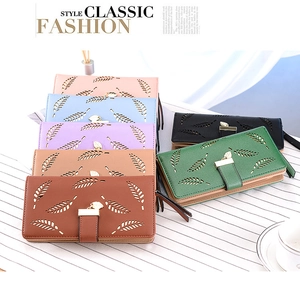 Chic long faux leather leaf wallet showing a variety of stylish colors for women
