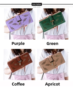 Detail view of four long women's hollow leaf wallets in purple, green, coffee and apricot