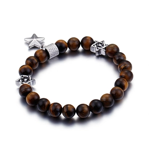 Tiger eye stone bead bracelet with silver star charms and hexagonal pendants