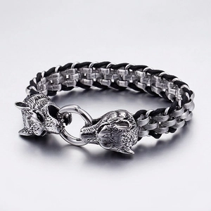 Men Punk Gothic Bracelet Stainless Steel Braided Cowhide Leather Animal Heads Round Clasp Vintage Biker Jewelry