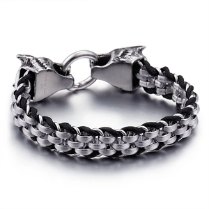 Men's punk braided leather bracelet with dual stainless steel wolf head clasp design