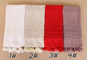 Detailed comparison of scarf colors featuring delicate lace embroidery and fringe trim