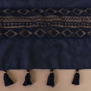 Navy blue lace scarf with fringe tassels and gold rings for women spring accessory