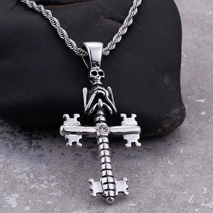 Gothic stainless steel skull cross pendant necklace with crystal on a silver twist chain