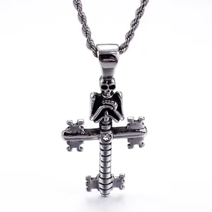 Gothic Skull Cross Pendant Vintage 316L Stainless Steel Punk Key Design Zircon Inlaid Jewelry Accessories For Men
