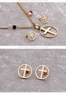 Detail of gold cross and circle jewelry set with colorful beads on the chain