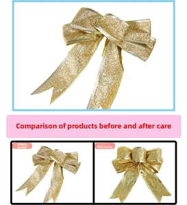 Detail showing glittery gold Christmas bow before and after styling for tree decoration