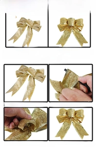 Guide showing how to fluff and shape a 15cm golden glitter Christmas bow for decoration