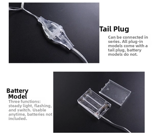 Close-up of LED light string battery box and transparent connector on black background