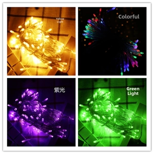 Detail view of LED string lights in four colors: warm yellow, multicolor, purple, and green