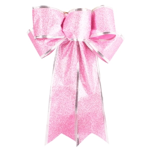 Pink glitter Christmas bow with silver trim for tree decoration and holiday party decor