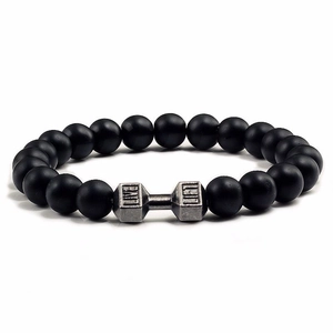 Men's yoga energy bracelet with matte black beads and silver dumbbell charm live lift