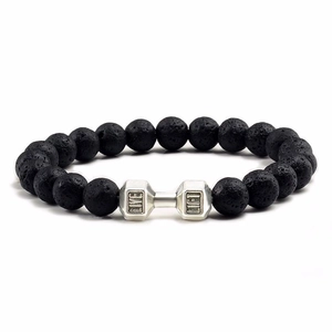 Men's black lava stone beaded bracelet with silver dumbbell featuring Live Lift engraving