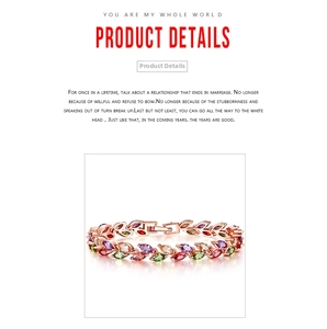 Macro shot of colorful marquise-cut crystal leaf bracelet in elegant rose gold finish