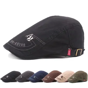 Men Flat Cap Cotton Canvas Embroidered Sun Protection Retro British Style Newsboy Hat Adjustable