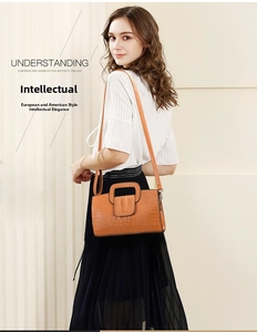 Detailed view of orange crocodile texture handbag with unique square handle and shoulder strap