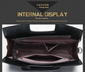 Internal view of a black crocodile-pattern tote bag with multi-functional compartments