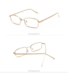 Vista detallada de gafas de sol cuadradas doradas desde ángulos de 90 y 180 grados