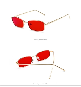 Vistas frontal y lateral de gafas de sol retro con montura dorada y lentes de color rojo