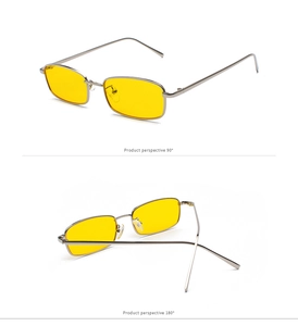 Primer plano de gafas de sol cuadradas de metal con lentes amarillas en dos ángulos