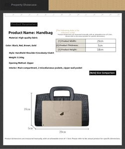 Size comparison of black crocodile pattern handbag with tablet showing 29cm width