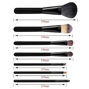 7-piece portable makeup brush set with matte black handles and specific length measurements