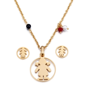 Golden titanium steel jewelry set with girl pendant and colorful beads accents