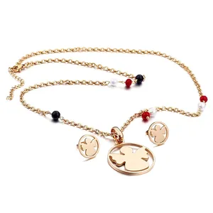 Hollow Out Angel Necklace And Stud Earrings 316L Stainless Steel 18K Gold Plated Colorful Beads Women Fashion Jewelry