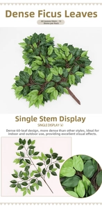 Close-up of 12 artificial banyan leaf branches with 60 leaves each for indoor decor