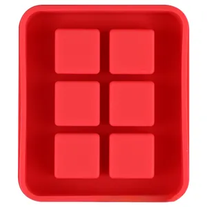 Detail view of red 6-hole food-grade silicone mold with square compartments for ice cubes