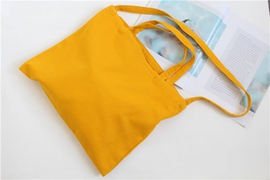 Detail of yellow canvas tote bag with dual handles and crossbody strap on white background