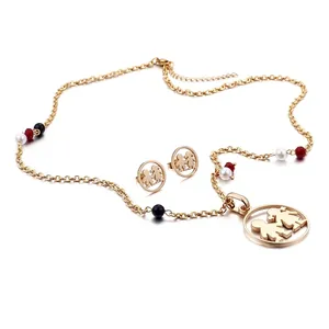 Stainless Steel Jewelry Set Necklace And Earrings With Boy Girl Silhouette Round Pendant Colorful Beads For Women