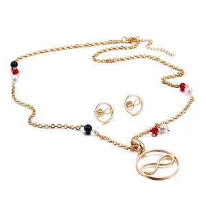 Edelstahl Infinity Symbol Halskette Und Ohrstecker Schmuck Mit 18K Vergoldetem Rundem Anhänger Bunte Perlen