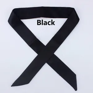 Minimalist solid black skinny silk scarf for handbag handles D70 satin neck tie