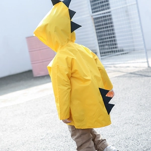 Kids yellow dinosaur raincoat with black 3D back fins for toddlers aged 2-6 years