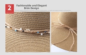Detail of hand-woven straw sun hat showing bead accents and a decorative bow