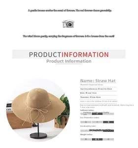 Size chart for wide-brim straw hat showing measurements for children and adults